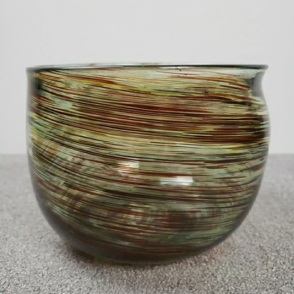 David Kolasky Signed Studio Blown Art Glass Vase Brown & Multi Swirls Bowl